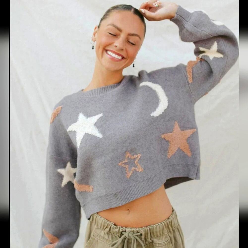 Threaded Leaf Sweater womens M Moon And Stars soft cropped fun whimsical bratz